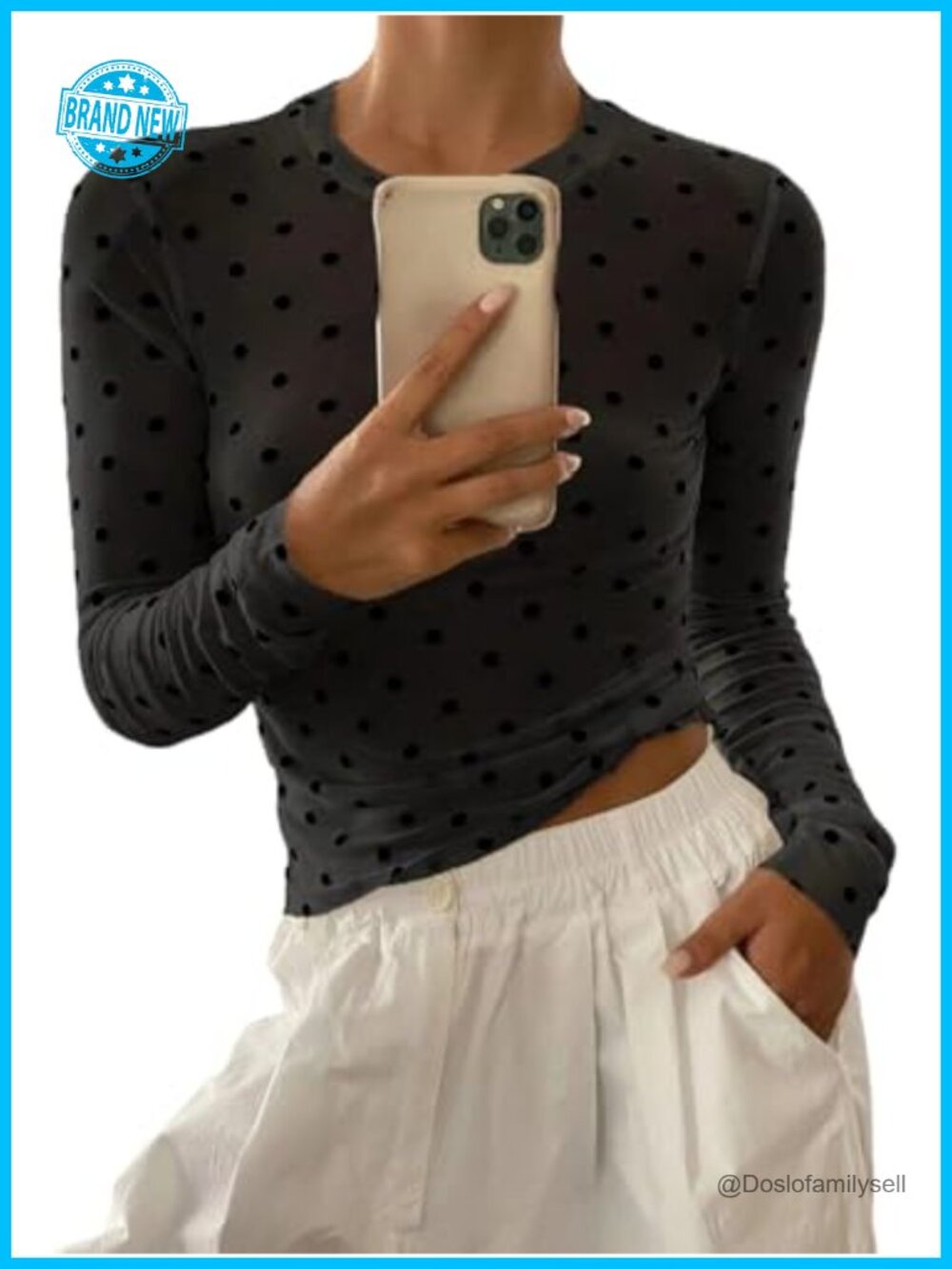 Polka Dot Mesh Long Sleeve Crop Top Sheer Slim Fit Y2K Blouse